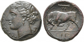 SICILY. Syracuse. Hieron II, 275-215 BC. AE (Bronze, 19 mm, 6.00 g, 9 h), circa 275-269/5. ΣYPAKOΣIΩN Head of Kore to left, wearing wreath of grain ea...