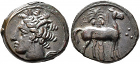 CARTHAGE. Circa 400-350 BC. AE (Bronze, 16 mm, 2.80 g, 12 h). Head of Tanit to left, wearing wreath of grain ears. Rev. Horse standing right before pa...