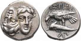 MOESIA. Istros. Circa 313-280 BC. Drachm (Silver, 18 mm, 6.09 g, 12 h). Two facing male heads side by side, one upright and the other inverted. Rev. I...