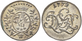 GERMANY. Löwenstein-Wertheim-Virneburg. Johann Ludwig Volrad, 1730-1790. Kreuzer 1772 (Billon, 14 mm, 0.62 g, 12 h). Crowned arms between laurel branc...