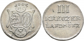 GERMANY. Löwenstein-Wertheim-Rochefort. Dominik Konstantin, 1789-1806. 3 Kreuzer 1805 (Silver, 17 mm, 0.99 g, 12 h). Three shields in cartouche, 1805 ...