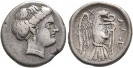EUBOIA. Chalkis. Circa 338-308 BC. Drachm (Silver, 17 mm, 3.65 g, 11 h). Head of the nymph Chalkis to right, wearing single-pendant earring. Rev. XAΛ ...
