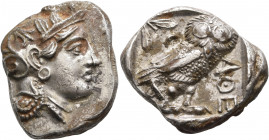 ATTICA. Athens. Circa 393-355 BC. Tetradrachm (Silver, 26 mm, 17.20 g, 10 h). Head of Athena to right, wrearing crested Attic helmet decorated with th...