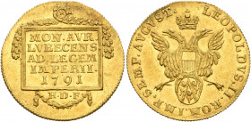 GERMANY. Lübeck. Dukat 1791 (Gold, 22 mm, 3.49 g, 12 h). MON AVR / LVBECENS / AD LEGEM / IMPERII / 1791 in five lines on square tablet, H•D•F• below. ...