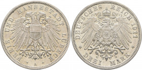 GERMANY. Lübeck. 3 Mark 1911 (Silver, 33 mm, 16.68 g, 12 h), Berlin. FREIE UND HANSESTADT LÜBECK Double eagle without crown, city shield on its chest,...