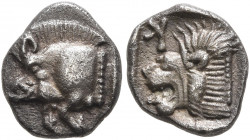 MYSIA. Kyzikos. Circa 450-400 BC. Obol (Silver, 9 mm, 0.79 g, 5 h). Forepart of a boar to left; to right, tunny upward. Rev. Κ Head of a lion to left;...