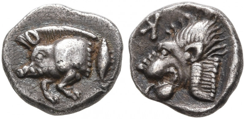 MYSIA. Kyzikos. Circa 450-400 BC. Hemiobol (Silver, 7 mm, 0.38 g, 5 h). Forepart...