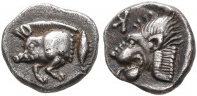 MYSIA. Kyzikos. Circa 450-400 BC. Hemiobol (Silver, 7 mm, 0.38 g, 5 h). Forepart of a boar to left; to right, tunny upward. Rev. Κ Head of a lion to l...