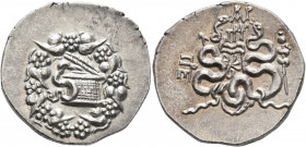 MYSIA. Pergamon. Circa 166-67 BC. Cistophorus (Silver, 27 mm, 12.55 g, 7 h), circa 88-85. Cista mystica from which snake coils; around, ivy wreath wit...