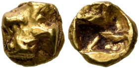 IONIA. Uncertain. Circa 625-600 BC. 1/24 Stater (Gold, 7 mm, 0.62 g), Phokaic standard. Raised clockwise swastika pattern. Rev. Quadripartite incuse s...