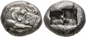 KINGS OF LYDIA. Kroisos, circa 560-546 BC. 1/3 Stater (Silver, 13 mm, 3.45 g), Sardes. Confronted foreparts of a lion and a bull. Rev. Two incuse squa...