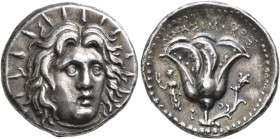 ISLANDS OFF CARIA, Rhodos. Rhodes. Circa 250-229 BC. Didrachm (Silver, 20 mm, 6.72 g, 12 h), Mnasimachos, magistrate. Radiate head of Helios facing sl...