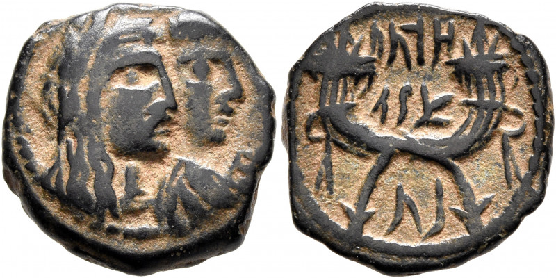 NABATAEA. Aretas IV, with Shaqilat, 9 BC-AD 40. AE (Bronze, 19 mm, 3.74 g, 12 h)...
