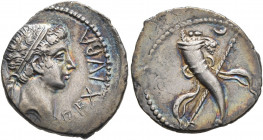 KINGS OF MAURETANIA. Juba II, 25 BC-AD 24. Denarius (Silver, 18 mm, 2.24 g, 2 h). REX IVBA Diademed head of Juba II to right. Rev. Cornucopiae crossed...
