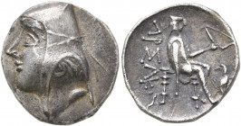 KINGS OF PARTHIA. Arsakes II, 211-185 BC. Drachm (Silver, 17 mm, 4.24 g), Rhagai-Arsakeia (?). Head of Arsakes II to left, wearing bashlyk. Rev. APΣAK...