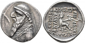 KINGS OF PARTHIA. Mithradates II, 121-91 BC. Drachm (Silver, 19 mm, 4.11 g, 12 h), Rhagai, circa 109-96/5. Diademed and draped bust of Mithradates II ...
