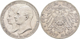 GERMANY. Mecklenburg-Schwerin. Friedrich Franz IV, 1901-1918. 5 Mark 1904 (Silver, 38 mm, 27.81 g, 12 h), on their wedding. Berlin. FRIEDRICH FRANZ - ...
