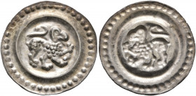 GERMANY. Memmingen. 1260-1270. Bracteate (Silver, 20 mm, 0.41 g). Lion with eagle's head walking right. Rev. Incuse of obverse. CC 244.1. Berger 2587....