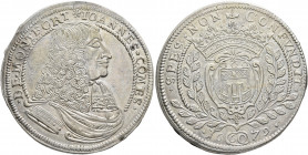 GERMANY. Montfort (Grafschaft). Johann VIII, 1662-1686. Gulden 1679 (Silver, 38 mm, 18.86 g, 12 h), Langenargen ✱IOANNES COMES DE MONTFORT Cuirassed b...