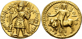 INDIA, Kushan Empire. Vasudeva I, circa 192-225. Dinar (Gold, 22 mm, 7.93 g, 12 h), main mint in Baktria, late phase. ÞAONANOÞAO BAZOΔHO KOÞANO ('King...