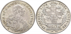 GERMANY. Montfort (Grafschaft). Franz Xaver, 1758-1780. 20 Kreuzer 1762 (Silver, 28 mm, 6.55 g, 12 h), Langenargen. FRANC XAV COM IN MONTFORT Cuirasse...