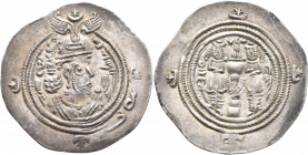 SASANIAN KINGS. Khosrau II, 591-628. Drachm (Silver, 31 mm, 4.16 g, 3 h), BBA (the camp mint), RY 15 = AD 606/7. Draped bust of Khosrau II to right, w...