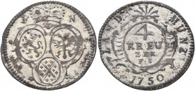 GERMANY. Nassau-Weilburg. Carl August, 1719-1753. 4 Kreuzer 1750 (Billon, 22 mm, 1.74 g, 6 h). Three shields under one crown, F-N above. Rev. LAND MUN...