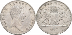 GERMANY. Nassau. Wilhelm, 1816-1839. Kronentaler 1837 (Silver, 38 mm, 29.43 g, 6 h), Wiesbaden. WILHELM HERZOG ZU NASSAU Head of Wilhelm to right. Rev...