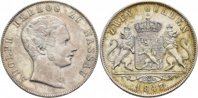 GERMANY. Nassau. Adolph, 1839-1866. 2 Gulden 1847 (Silver, 35 mm, 21.16 g, 12 h), Wiesbaden. ADOLPH HERZOG ZU NASSAU Head of Adolph to right. Rev. ZWE...