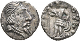 LOCAL ISSUES, Sogdiana. Circa 1st century AD. Reduced Drachm (Silver, 12 mm, 1.14 g), 'Hrykodes'-type, Zarafshan Valley. KⲰΔ Diademed head of King to ...