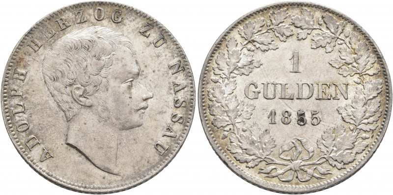 GERMANY. Nassau. Adolph, 1839-1866. Gulden 1855 (Silver, 30 mm, 10.59 g, 12 h), ...