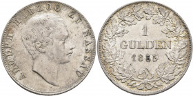 GERMANY. Nassau. Adolph, 1839-1866. Gulden 1855 (Silver, 30 mm, 10.59 g, 12 h), Wiesbaden. ADOLPH HERZOG ZU NASSAU Head of Adolph to right. Rev. 1 / G...