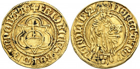 GERMANY. Nördlingen (Reichsmünzstätte). Friedrich III, 1451-1493. Goldgulden 1492 (Gold, 23 mm, 3.22 g, 12 h). ✠FRIDRICVS ROMAN IMPERATO Globus crucig...