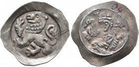 GERMANY. Nürnberg (Reichsmünzstätte). Konradin, 1258-1268. Pfennig (Silver, 20 mm, 0.91 g, 9 h). Lion walking left. Rev. The king's bust facing, holdi...