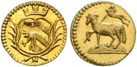 GERMANY. Nürnberg (Stadt). 1/16 Ducat (Gold, 7 mm, 0.17 g, 12 h), no date (1700). Arms with mural crown between palm branches, N below. Rev. The Lamb ...