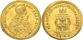 GERMANY. Nürnberg (Stadt). Karl VI, 1711-1740. Dukat 1712 (Gold, 23 mm, 3.51 g, 12 h), homage of the city to the emperor. CAROL VI ROM IMP SEMP AVG Cu...