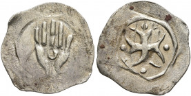 GERMANY. Öttingen. temp. Luwig XII – Friedrich V, 1370-1423. Heller (Silver, 17 mm, 0.35 g). Open hand with O on palm. Rev. Cross fourchée with pellet...