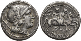 Anonymous, circa 211-208 BC. Denarius (Silver, 18 mm, 4.00 g, 9 h), Rome. Head of Roma to right, wearing winged helmet and pendant earring; behind, X ...