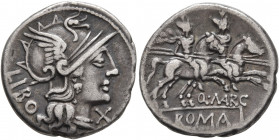Q. Marcius Libo, 148 BC. Denarius (Silver, 19 mm, 3.93 g, 3 h), Rome. LIBO Head of Roma to right, wearing winged helmet, pendant earring and pearl nec...