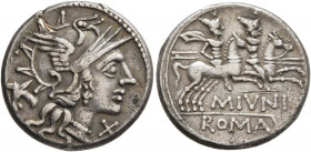 M. Junius Silanus, 145 BC. Denarius (Silver, 18 mm, 3.24 g, 2 h), Rome. Head of Roma to right, wearing winged helmet, pendant earring and pearl neckla...