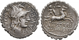 M. Aurelius Scaurus, 118 BC. Denarius (Silver, 20 mm, 3.80 g, 3 h), Rome. ROMA M•A VR ELI Head of Roma to right, wearing winged helmet and pendant ear...