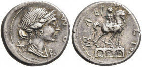 Man. Aemilius Lepidus, 114-113 BC. Denarius (Silver, 19 mm, 3.90 g, 7 h), Rome. Laureate head of Roma to right, wearing winged helmet, pendant earring...
