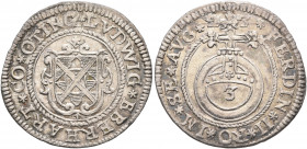 GERMANY. Öttingen, Grafschaft. Ludwig Eberhard, 1622-1634. 3 Kreuzer 1623 (Silver, 23 mm, 1.83 g, 12 h) LVDWIG EBERHART CO OTTING Decorated shield. Re...