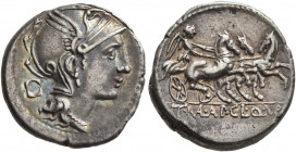 T. Manlius Mancinus, Appius Claudius Pulcher and Q. Urbinus, 111-110 BC. Denarius (Silver, 17 mm, 3.81 g, 11 h), Rome. Head of Roma to right, wearing ...
