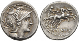 C. Claudius Pulcher, 110-109 BC. Denarius (Silver, 18 mm, 3.89 g, 5 h), Rome. Head of Roma to right, wearing winged helmet, pendant earring and pearl ...