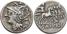 Lucius Appuleius Saturninus, 104 BC. Denarius (Silver, 18 mm, 3.84 g, 7 h), Rome. Head of Roma to left, wearing winged helmet, pendant earring and pea...
