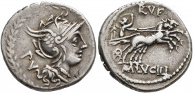 M. Lucilius Rufus, 101 BC. Denarius (Silver, 19 mm, 3.95 g, 5 h), Rome. PV Head of Roma to right within laurel wreath, wearing winged helmet and pearl...