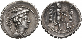 C. Mamilius Limetanus, 82 BC. Denarius (Silver, 20 mm, 3.94 g, 7 h), Rome. Draped bust of Mercury to right, wearing winged petasos; behind, L above ca...