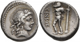 L. Censorinus, 82 BC. Denarius (Silver, 18 mm, 3.99 g, 2 h), Rome. Laureate head of Apollo to right. Rev. [L]•CENSOR Marsyas, bald-headed, standing to...