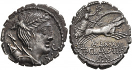 Ti. Claudius Ti.f. Ap.n. Nero, 79 BC. Denarius (Silver, 19 mm, 3.95 g, 5 h), Rome. S•C Diademed and draped bust of Diana to right, with bow and quiver...